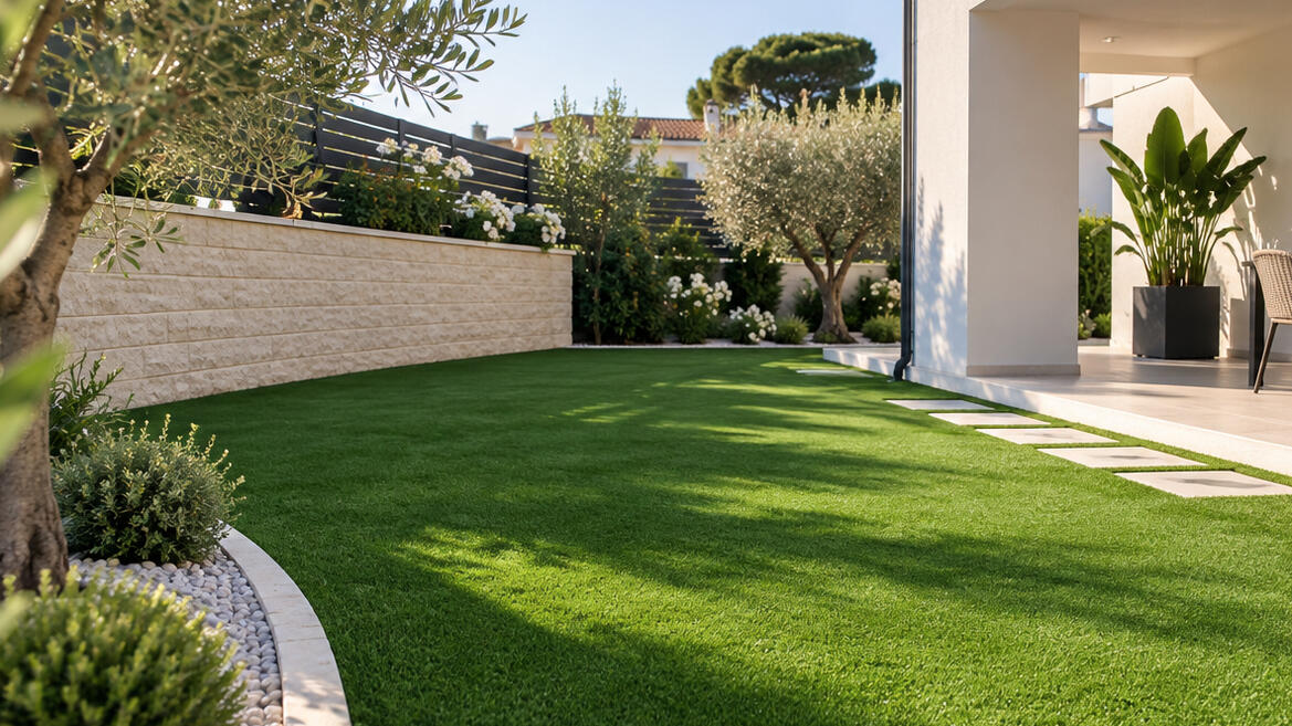 Prati sintetici Prato sintetico verde, curato e uniforme, inserito in un giardino moderno con ulivi, aiuole decorative e pavimentazione in pietra.
