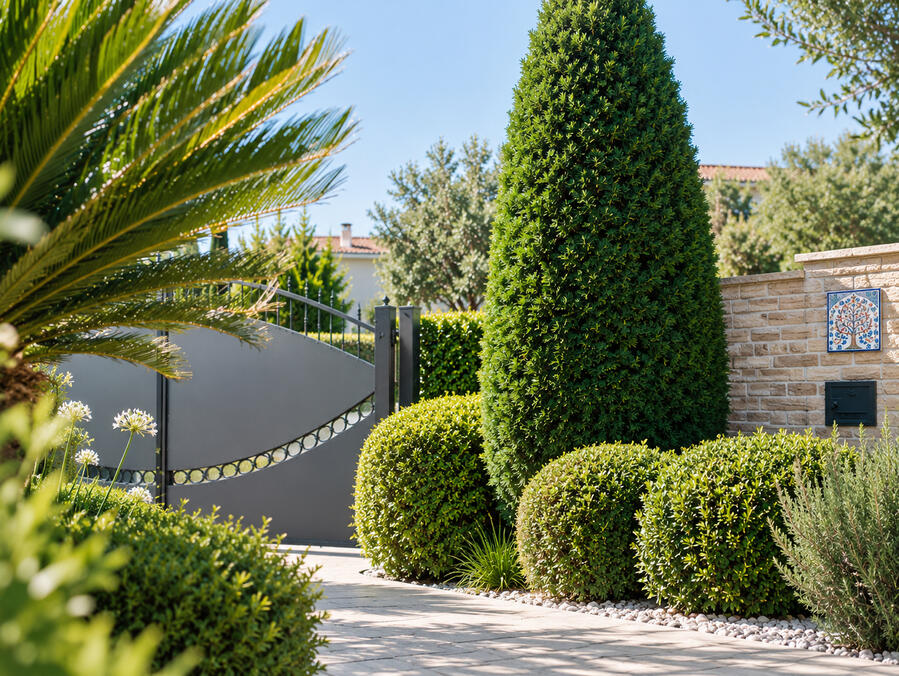 Giardino curato e ordinato Giardino privato con siepi potate, arbusti ornamentali e piante sempreverdi, curato con attenzione ai dettagli.